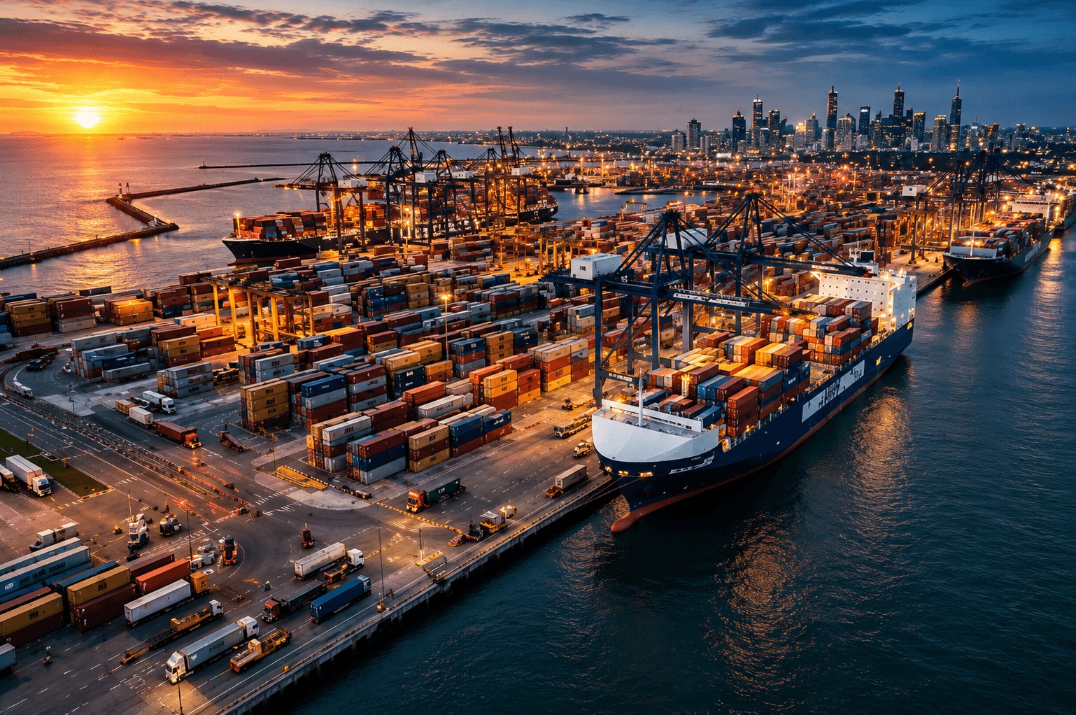 Busy global shipping port at dusk