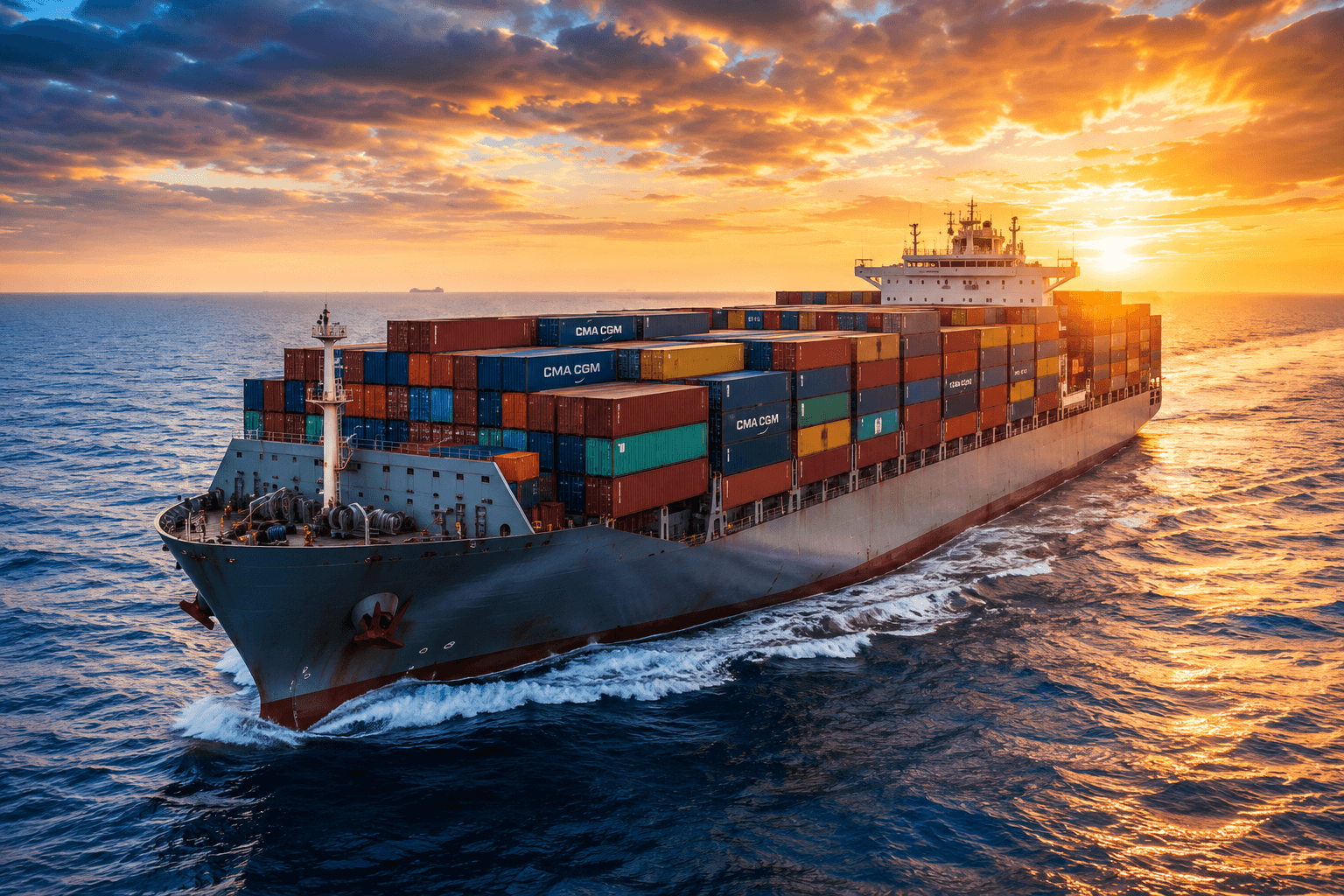 Container ship at sea during golden hour
